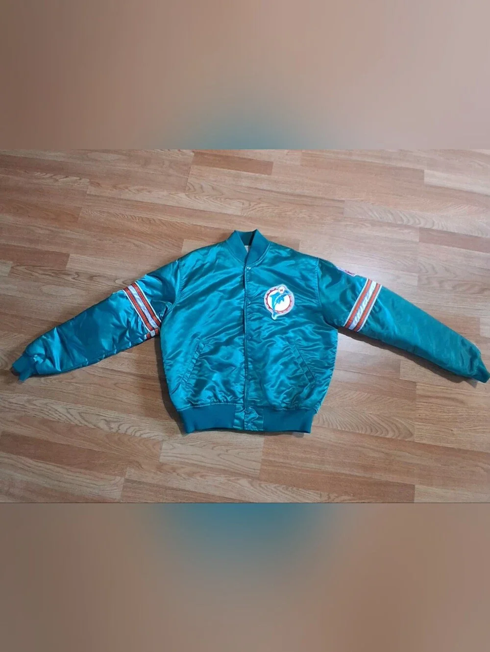STARTER Teal Satin Dolphins Mens  Bomber Jacket Sz. L Made In Usa